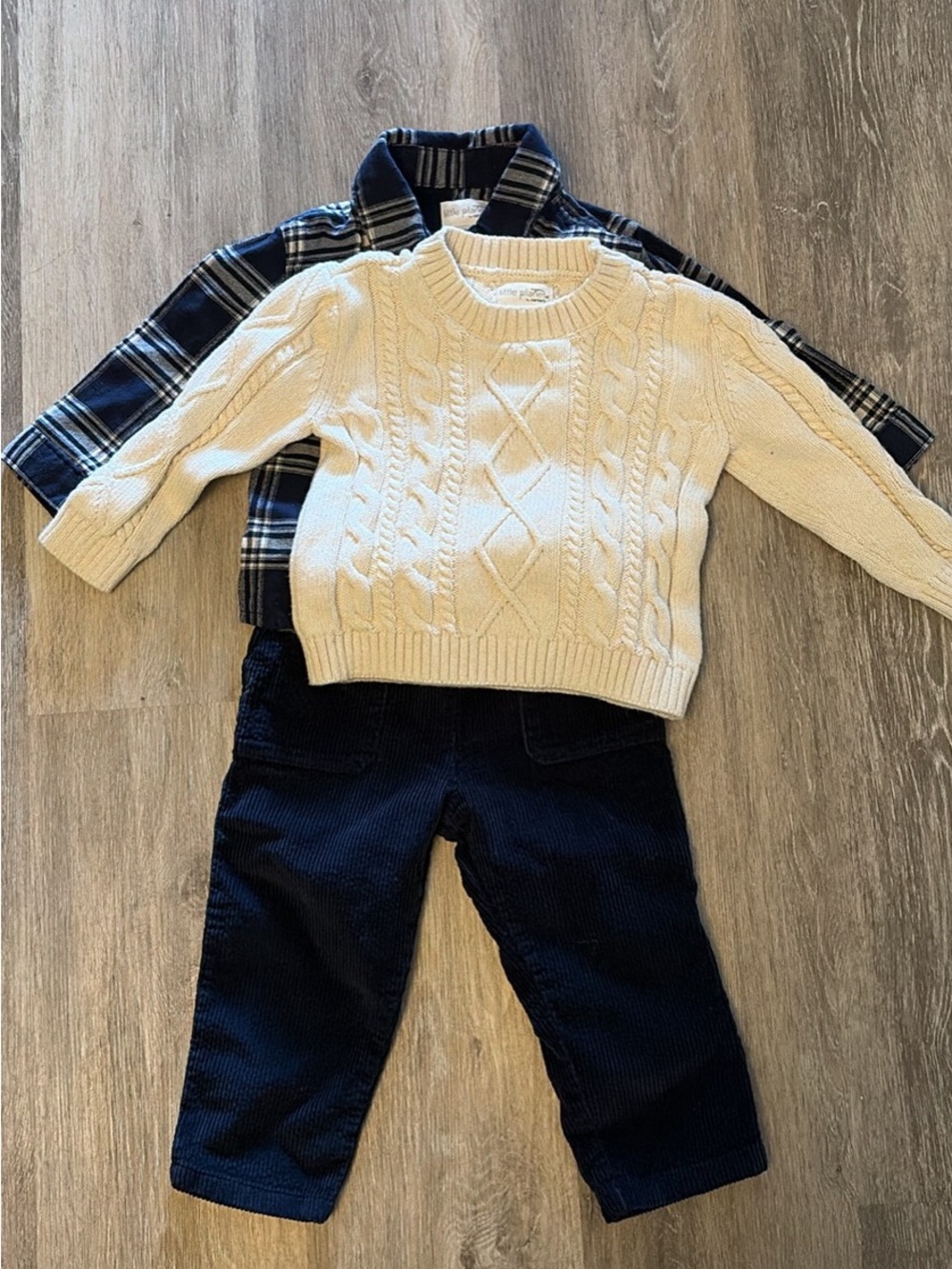 Carter's Little Planet Cable Knit Sweater with Navy Plaid Shirt & Pant Set